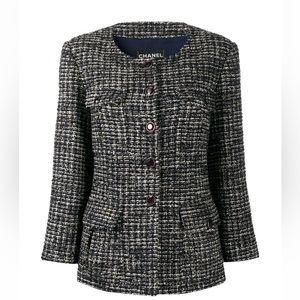 Chanel Navy Tweed Jacket with Gripoix Jeweled Buttons size 46